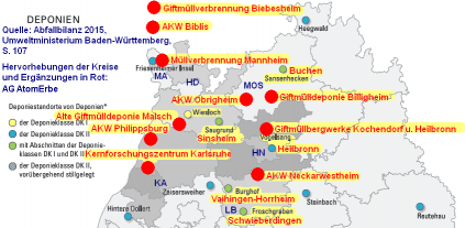 Landkarte mit Deponien in der Umgebung von Neckarwestheim, Obrigheim und Philippsburg